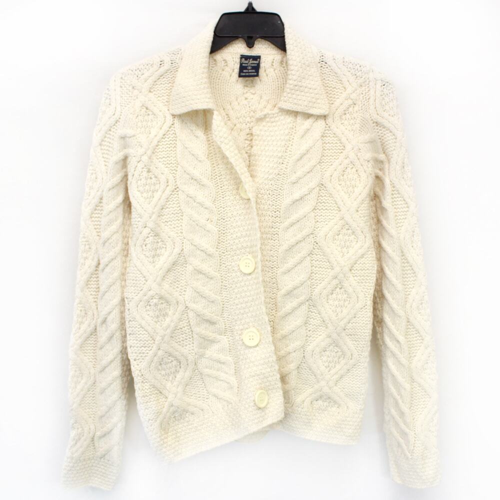 Paul James England grandma cottage Cable Aran 100% Wool Sweater Cardigan Small